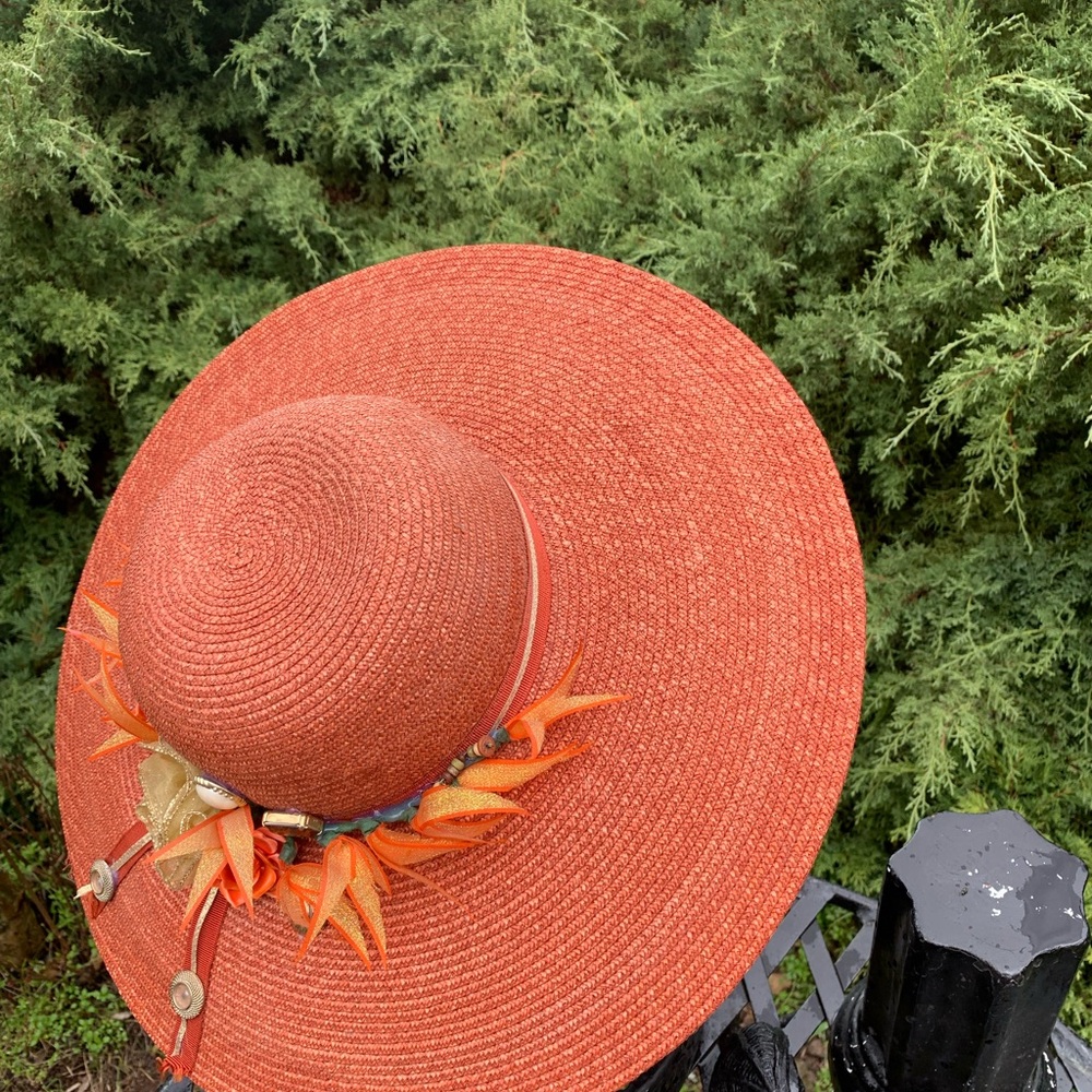 Kreativekristen upcycled Orange wide brim straw Hat with Floral Accents - Picture 7 of 12